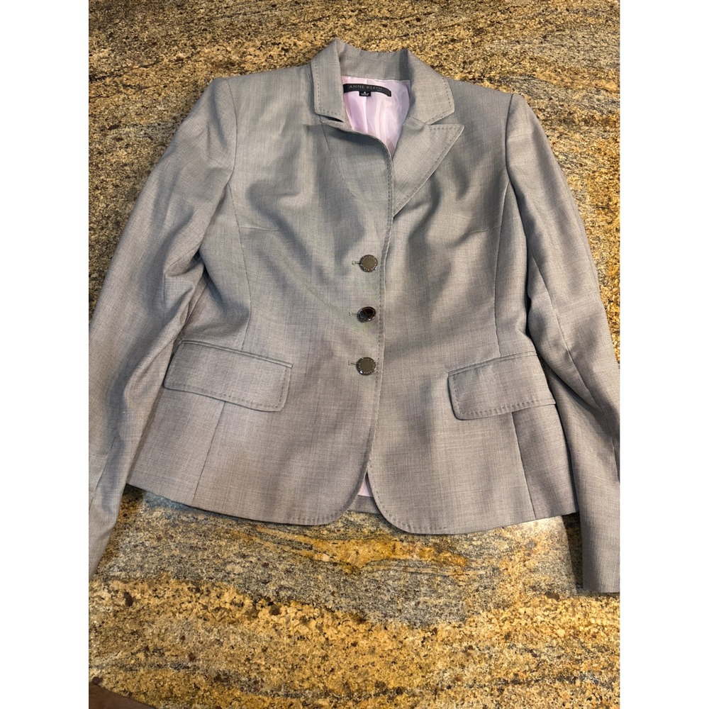 Anne Klein Suit Womens 6 Grey Micro Houndstooth Blazer Pants Set Wool Blend - Picture 2 of 15